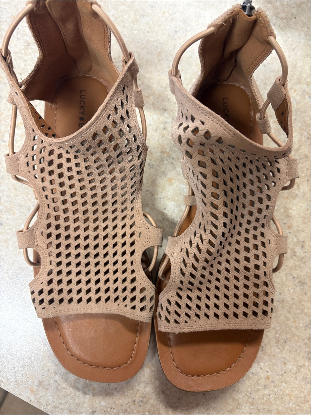 Lucky Brand Beige Tan Perforated Suede High-Cut Sandals